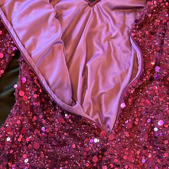 NWT Aidan Mattox Pink Purple Sequin Blouse Shirt Ruched Sleeves V Neck Size S - Picture 14 of 16